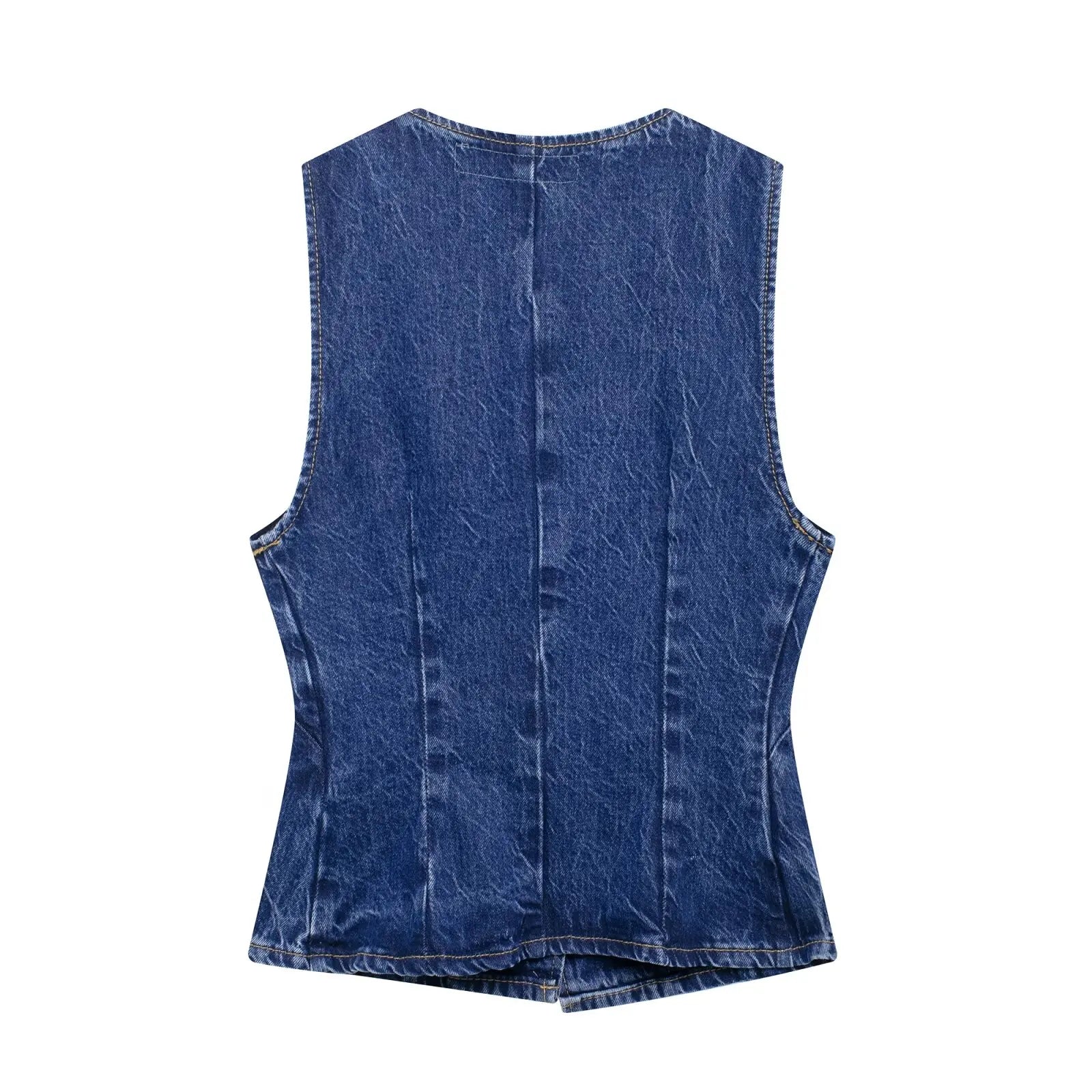 HH 2025 Summer Women Fashion Denim Trousers Set Solid Cropped Vest Top + Chain Lace Up Versatile Female Wide Leg Long Pant