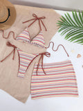 Women Retro Stripe 3 Piece Bikini Set Halter Tie Triangle Top Side Tie Swimsuits Mini Wrap Skirt Cover Up Beach Bathing Suit