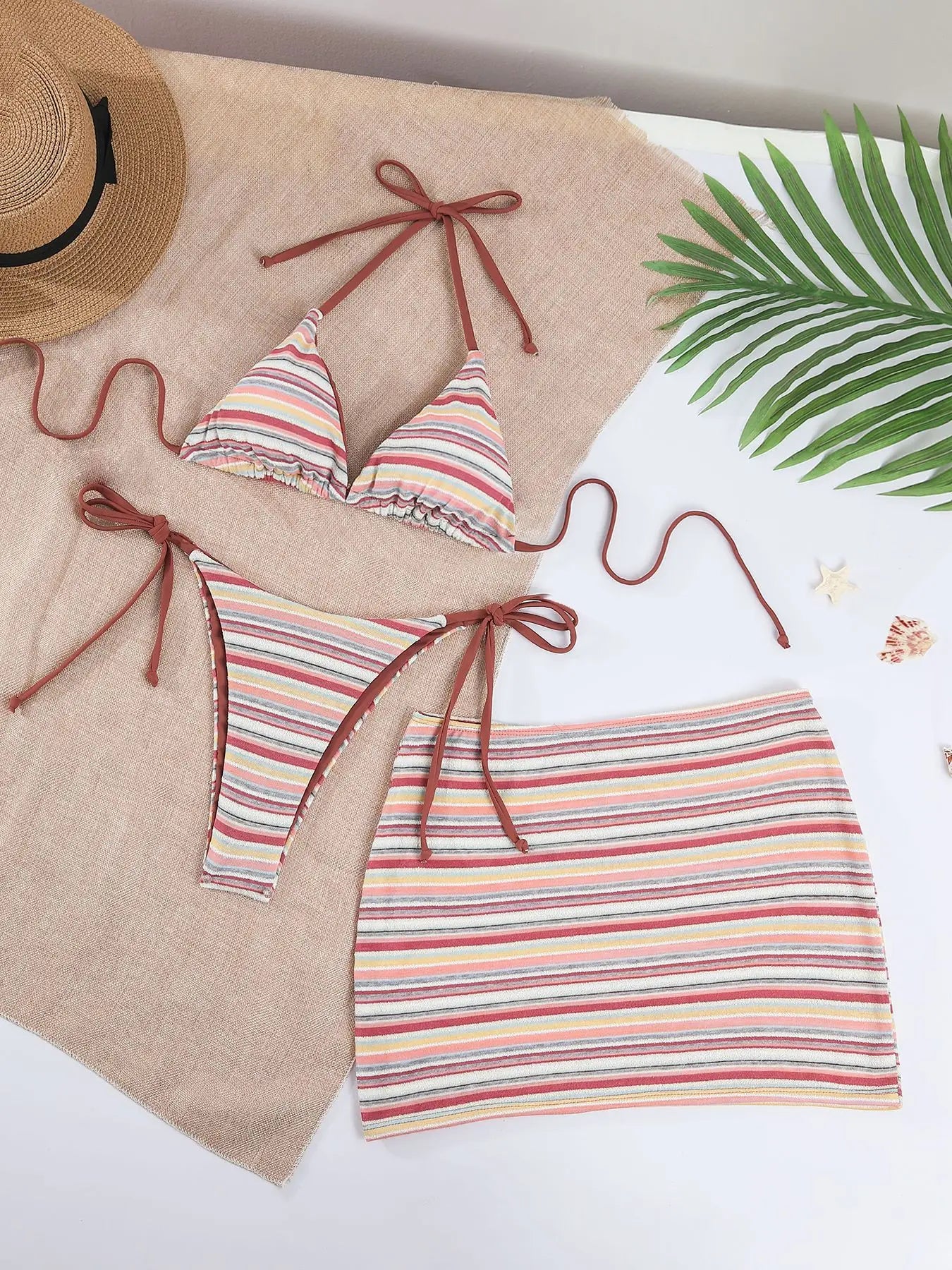 Women Retro Stripe 3 Piece Bikini Set Halter Tie Triangle Top Side Tie Swimsuits Mini Wrap Skirt Cover Up Beach Bathing Suit