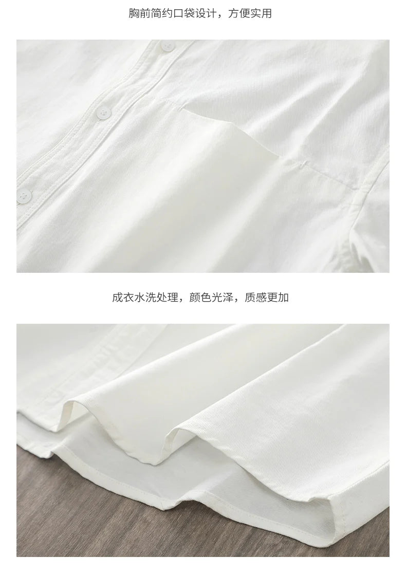 Dukeen Heavyweight Short-Sleeved Shirt Men's Summer Solid Color Lapel Pocket Casual Shirt Cotton White Shirts