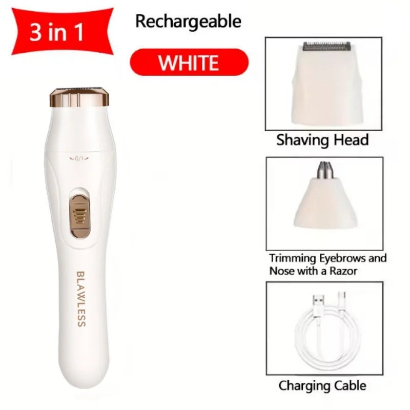 3‑in‑1 Women Electric Hair Remover Facial Body Hair Trimmer Painless Shaver for Nose Eyebrow Leg Armpit Bikini Line USB Charging