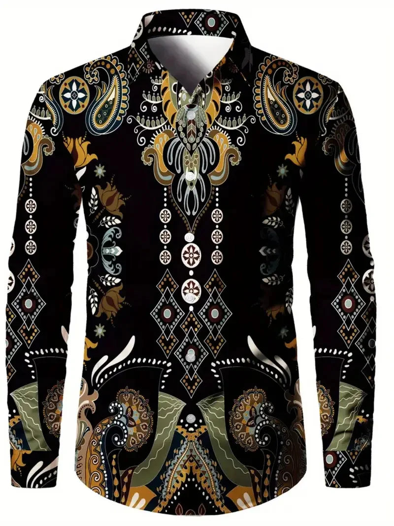 New men's 3D reindeer print shirt men's long sleeved shirt casual button loose top ethnic retro collar shirt