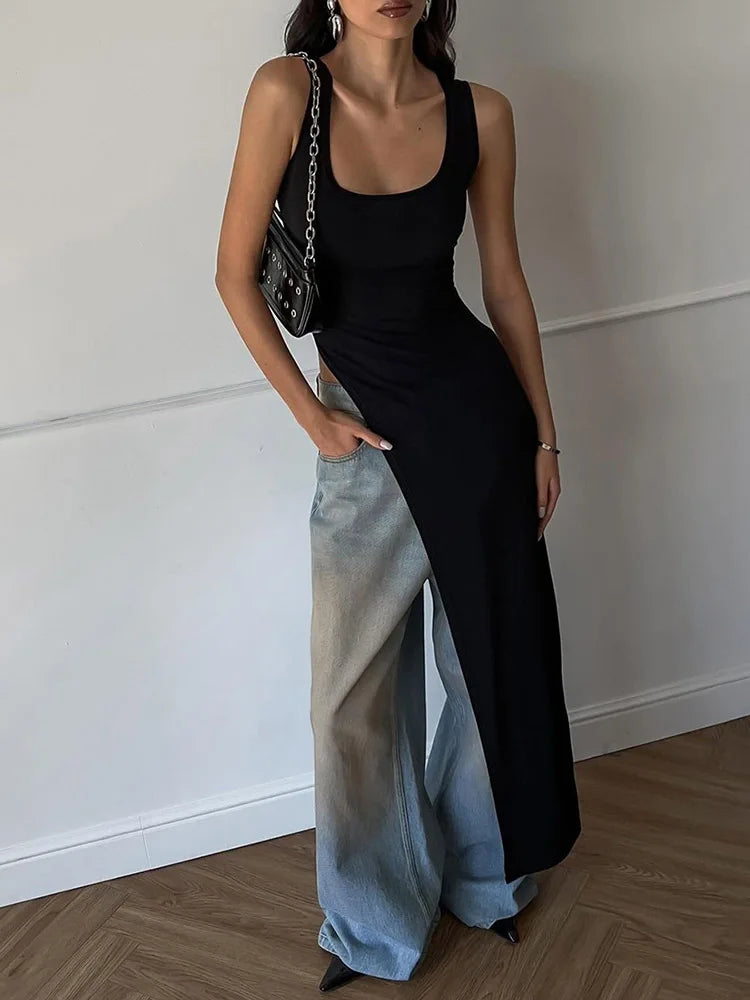 Sexy Sleeveless Side High Split Midi Dress Backless Women's Summer Party Club Streetwear Y2K Style Solid Color