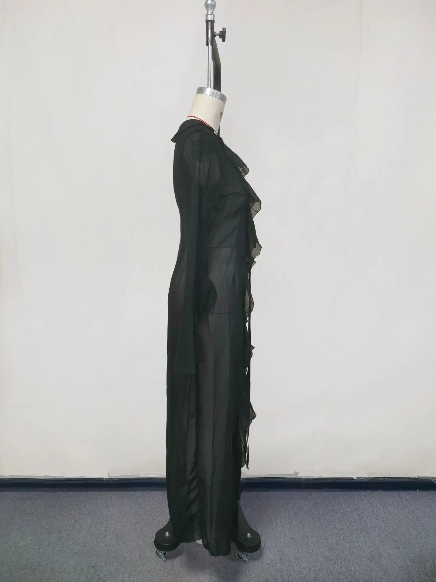 New Chiffon Tunic Beach Cover Up Cover-ups Dress Sunscreen Beachwear Womens Clothing Sexy V Neck Ruffled Long Sleeve Black White