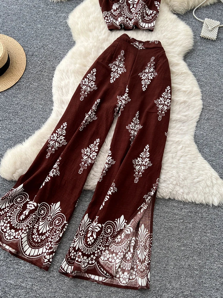 Women's Summer Two Pieces Bohemian Vacation Printed Halter Neck Sleeveless Top High Waist Wide Leg Pants Two-piece Set TP044