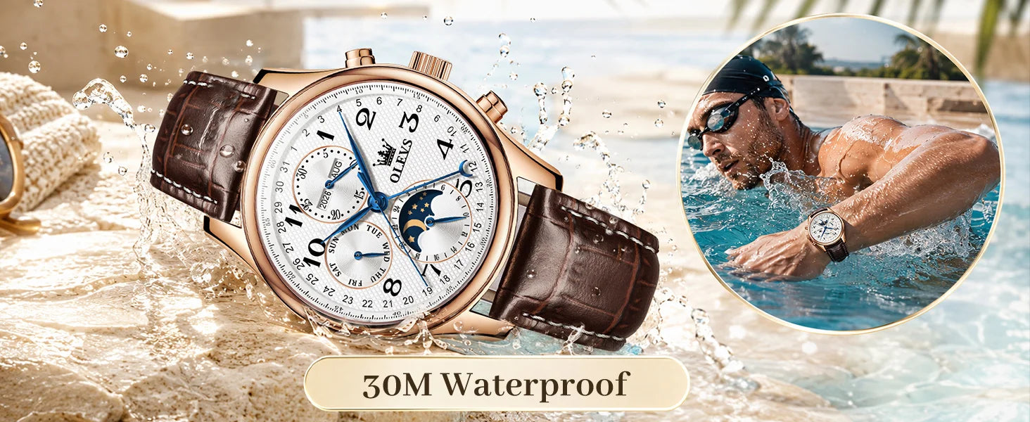 OLEVS 6667 Mens Watch Multifunctional Chronograph Mechanical Watch Leather Strap Moon Phase Watches For Man Luxury Original
