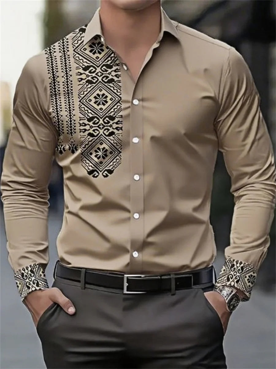 Men's shirt 3D printing retro ethnic style long-sleeved casual shirt high quality fashion lapel versatile top xs-6XL size