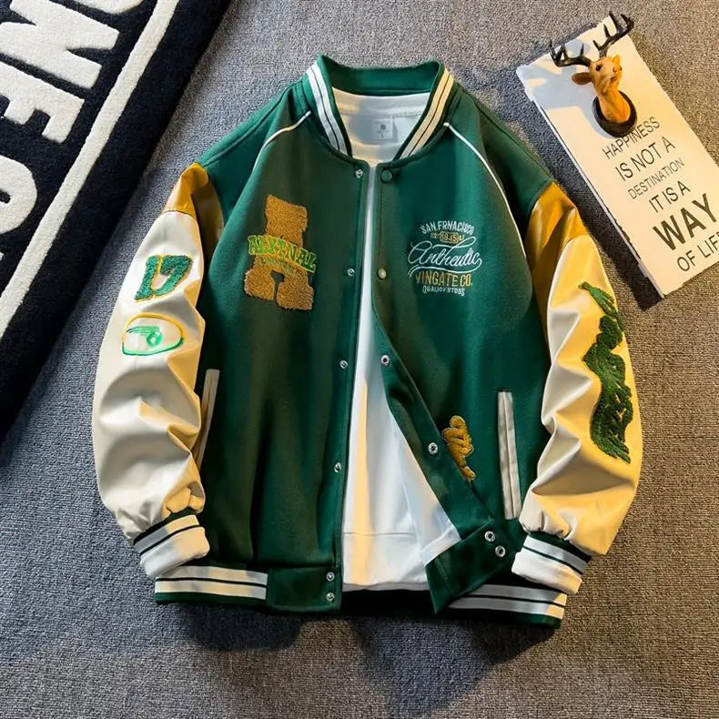 Casual Letter Embroidered Baseball Jacket Men's Women's Loose Fit Comfortable Outerwear Fashionable Preppy Style Spring Autumn
