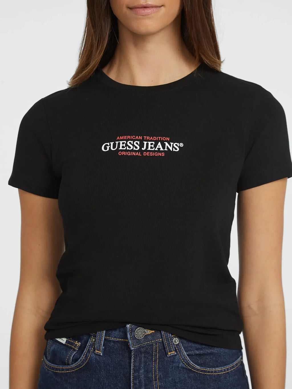 Guess denim T-shirt for women, short-sleeved luxury brand, unisex summer top, streetwear style