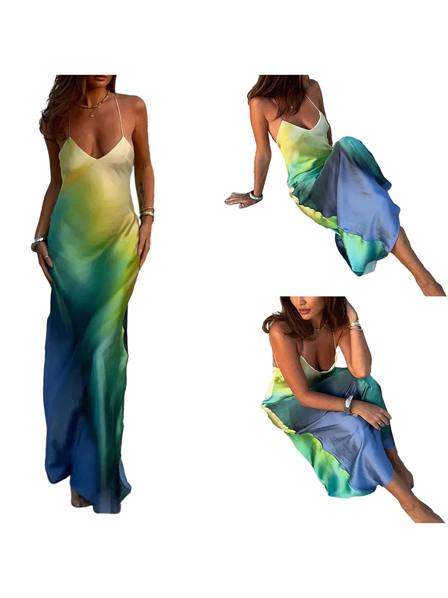 Women's Summer Cami Long Dress Gradient Color Spaghetti Strap V-Neck Backless Beach Party Dress Sundress Beachwear