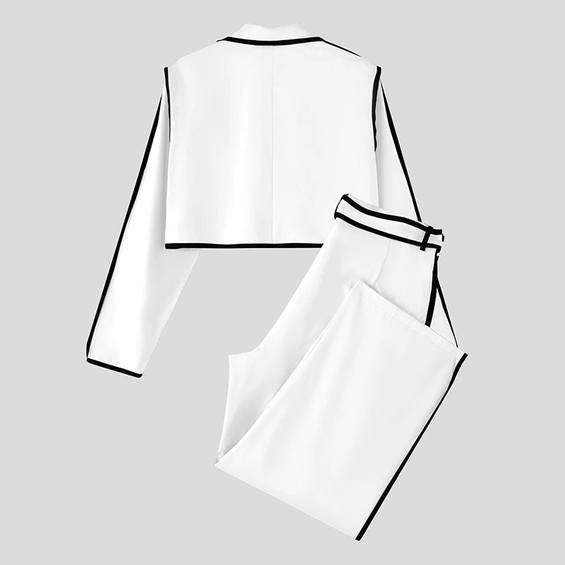 INCERUN Men Sets Patchwork Autumn 2025 Lapel Long Sleeve Crop Blazer & Pants Two Pieces Sets Streetwear Loose Fashion Men Suits