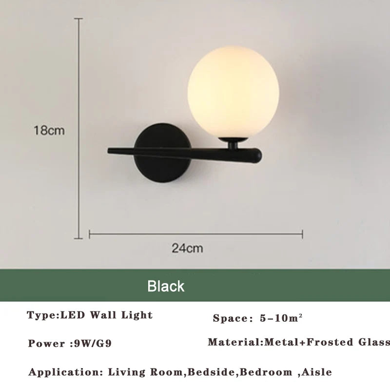 Modern LED Wall Lamps Black Gold Glass Ball Wall Sconces Living Rom Bedroom Hotel Decor Wall Lights Bedside Lights Aisle Lamp G9
