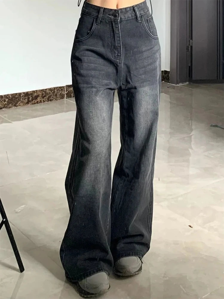 Korean Vintage High Waist Women's Jeans Y2K Slimming Pear-Shaped Loose Straight Bell Bottoms Black Gray Baggy Denim Trousers