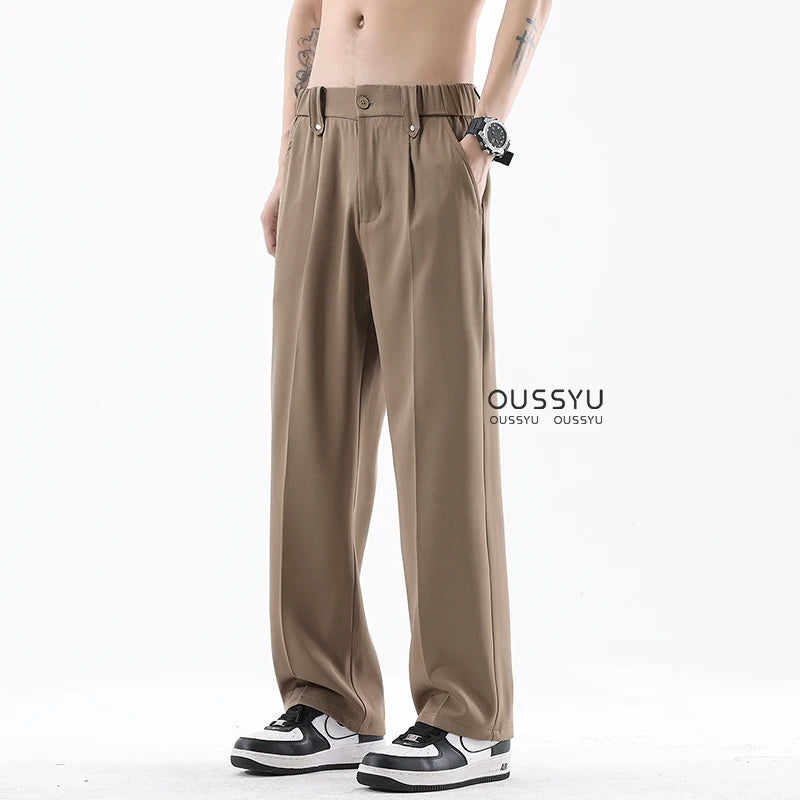 Spring Summer Smooth Casual Pants Men Business Elastic Waist Black Grey Khaki Suit Trousers Male Work Office Plus Size S-5XL
