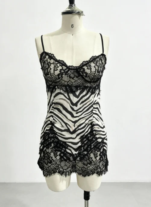 Sexy Spaghetti Strap Zebra Print Slip Dress Scalloped Lace Hem V Neck Bodycon Mini Skirt Women Summer Date Party Holiday Outfit