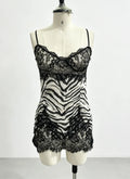 Sexy Spaghetti Strap Zebra Print Slip Dress Scalloped Lace Hem V Neck Bodycon Mini Skirt Women Summer Date Party Holiday Outfit