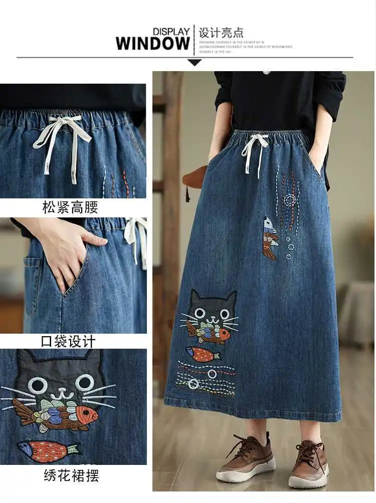2026 Women's Denim Skirts Retro Cartoon Animal Embroidery Casual Half Skirts Spring Summer High Waist Fashion Loose Midi Skirts