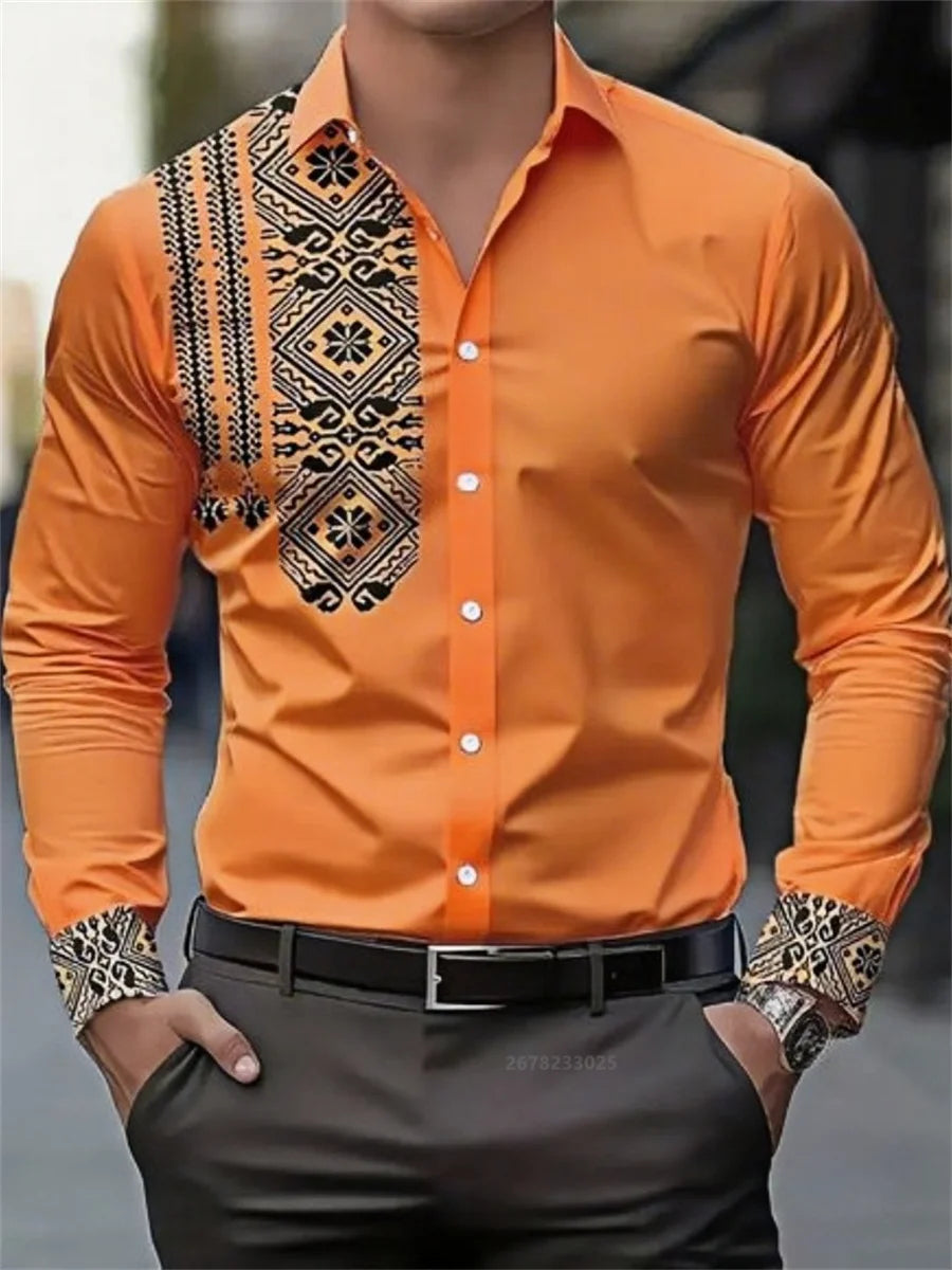 Men's shirt 3D printing retro ethnic style long-sleeved casual shirt high quality fashion lapel versatile top xs-6XL size