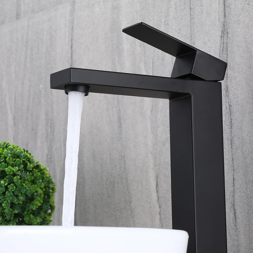 Matte Black  Bathroom Faucet Deck Mount 304 Stainless Steel  Cold and Hot Black  Square Sink Tap Short and Tall
