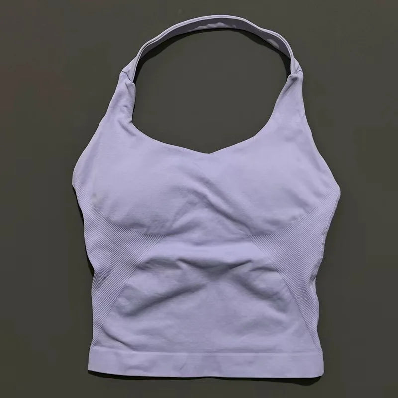 Halter Yoga Tank Top Women Sexy Seamless Strappy Backless Slim Fit Padded Breathable Gym Fitness Running Workout Sports Tops