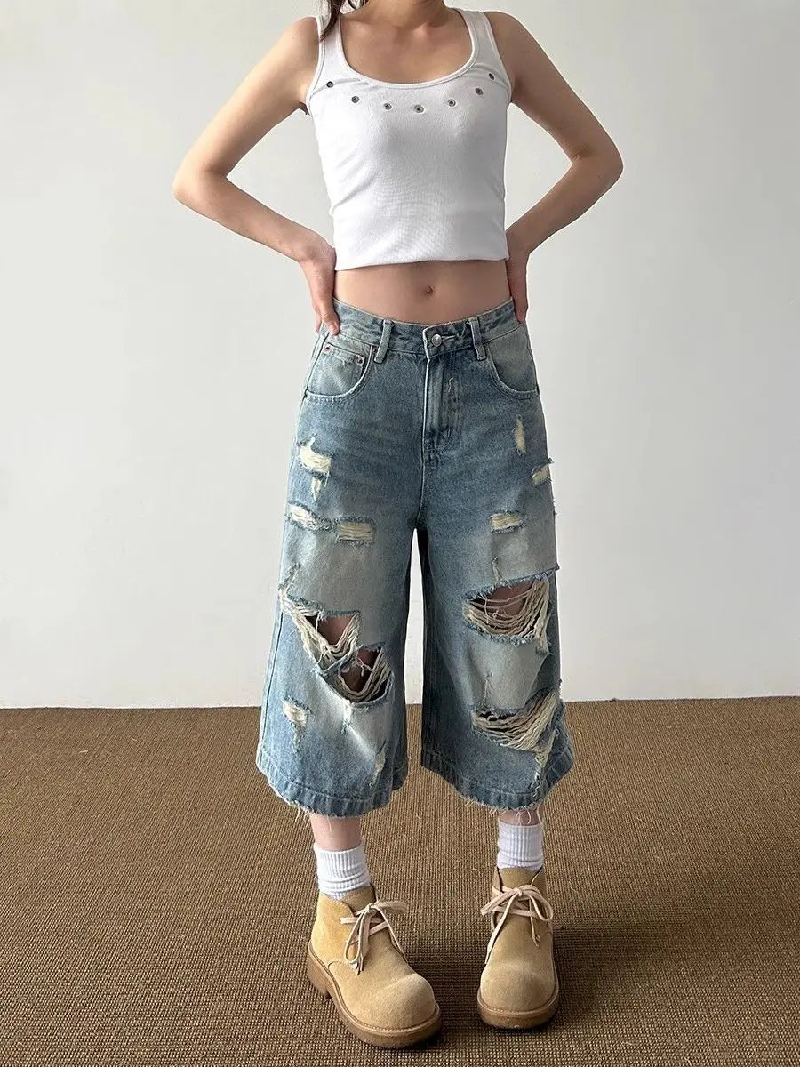 Vintage High Street Ripped Denim Seven-point Jeans Women's Summer Loose Drape Straight Wide-leg Pants
