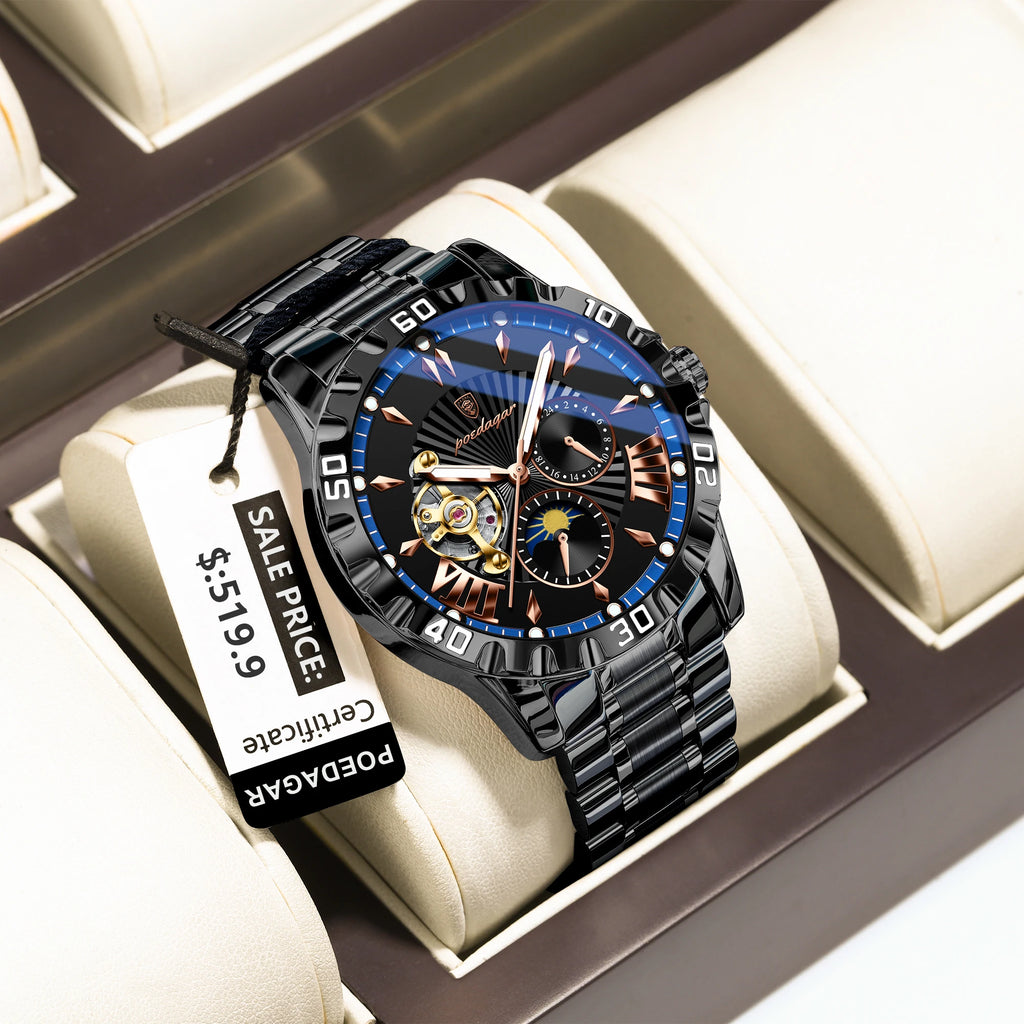 POEDAGAR Luxury Men Clock Hollow Tourbillon Automatic Mechanical Man Watch Waterproof Luminous Stainless Steel Men's Watches+Box