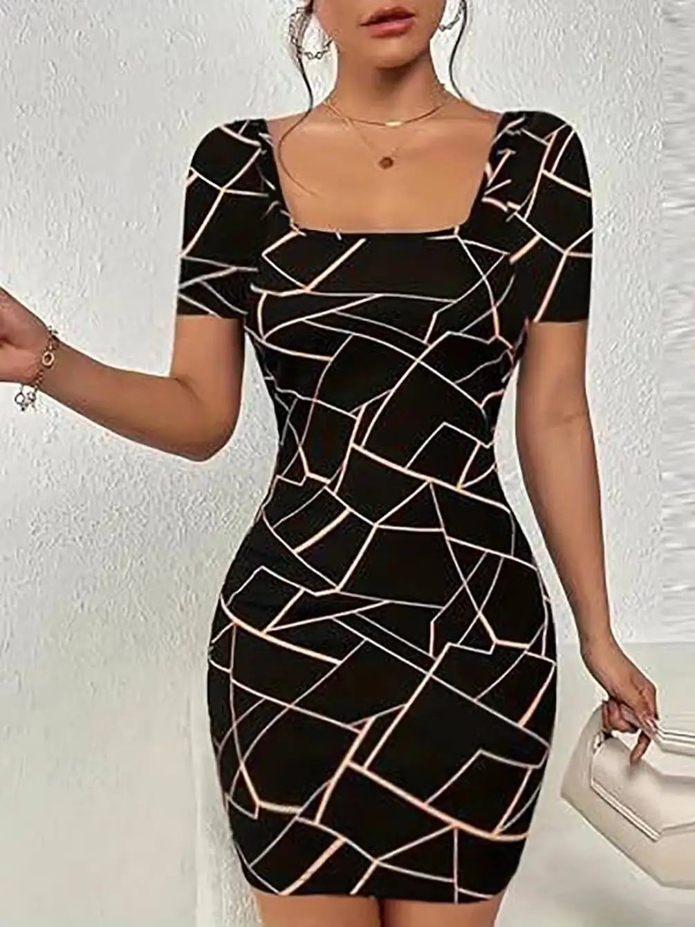 Women Dress Square Neck Short Sleeve Geometric Print Bodycon Mini Dress Sleek Spring Summer Chic Party Club Night Out Flattering