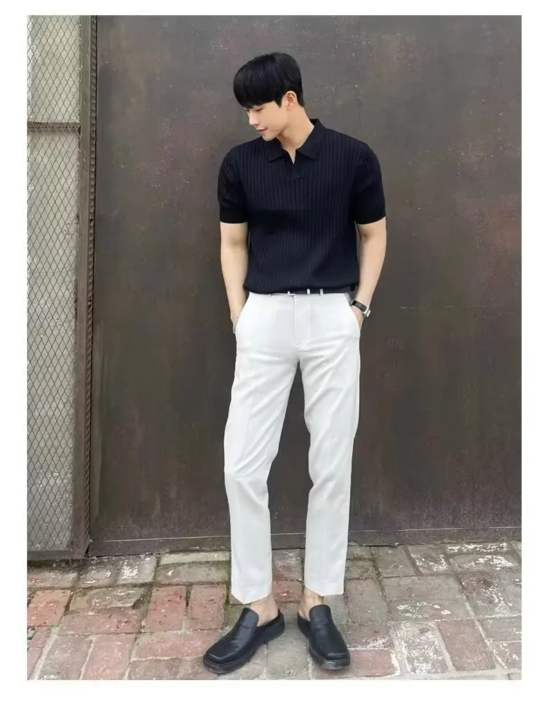 Trendy Polo Shirt for Men Summer Solid Color Top Versatile Knit Style Korean Short Sleeves Casual Fashion T-shirt