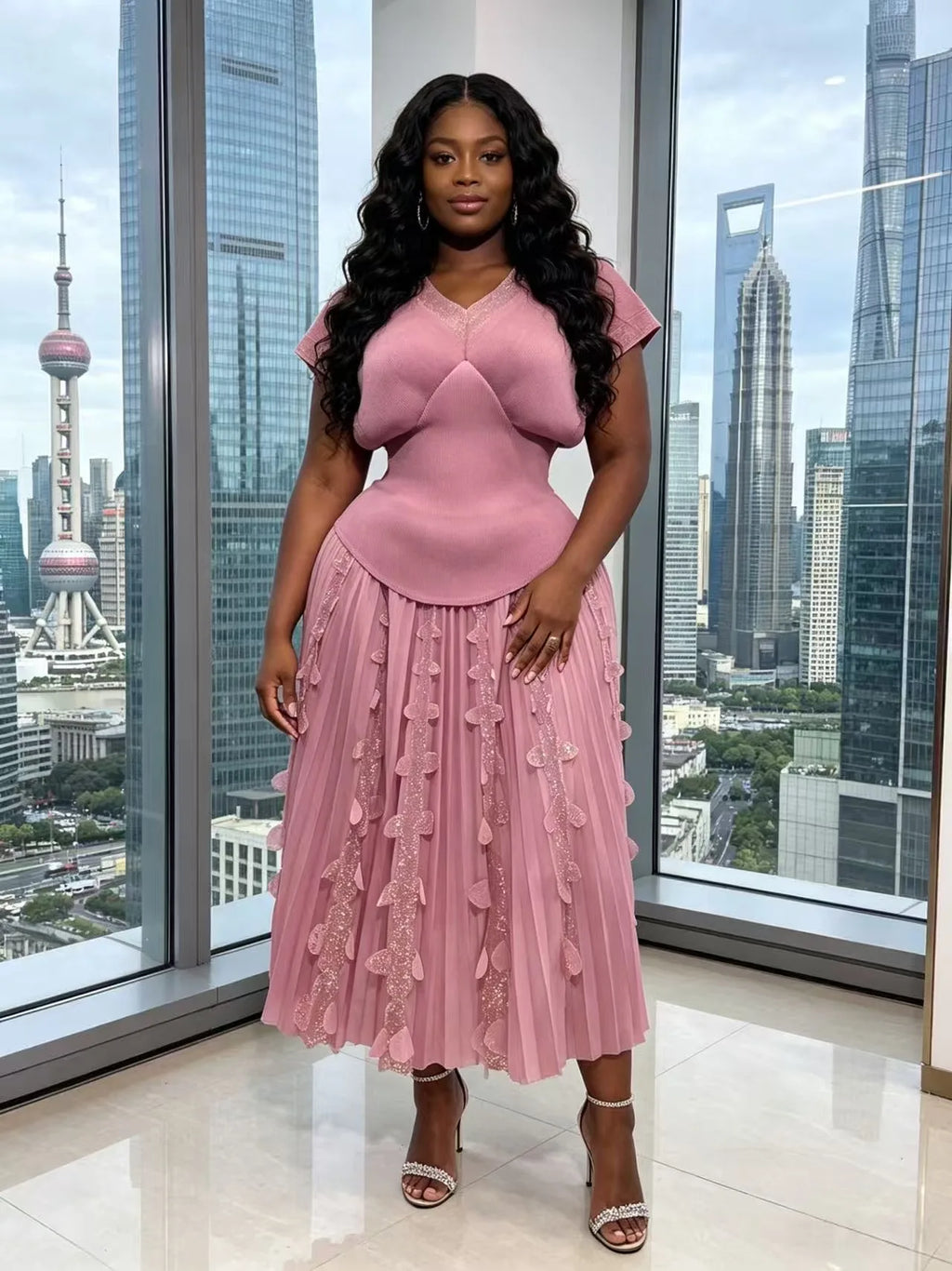 2026 Spring and Summer Retro High Waist and Thin Bronzing Suit  V-neck Bat Sleeve Versatile T-shirt Skirt Two-piece Suit Women