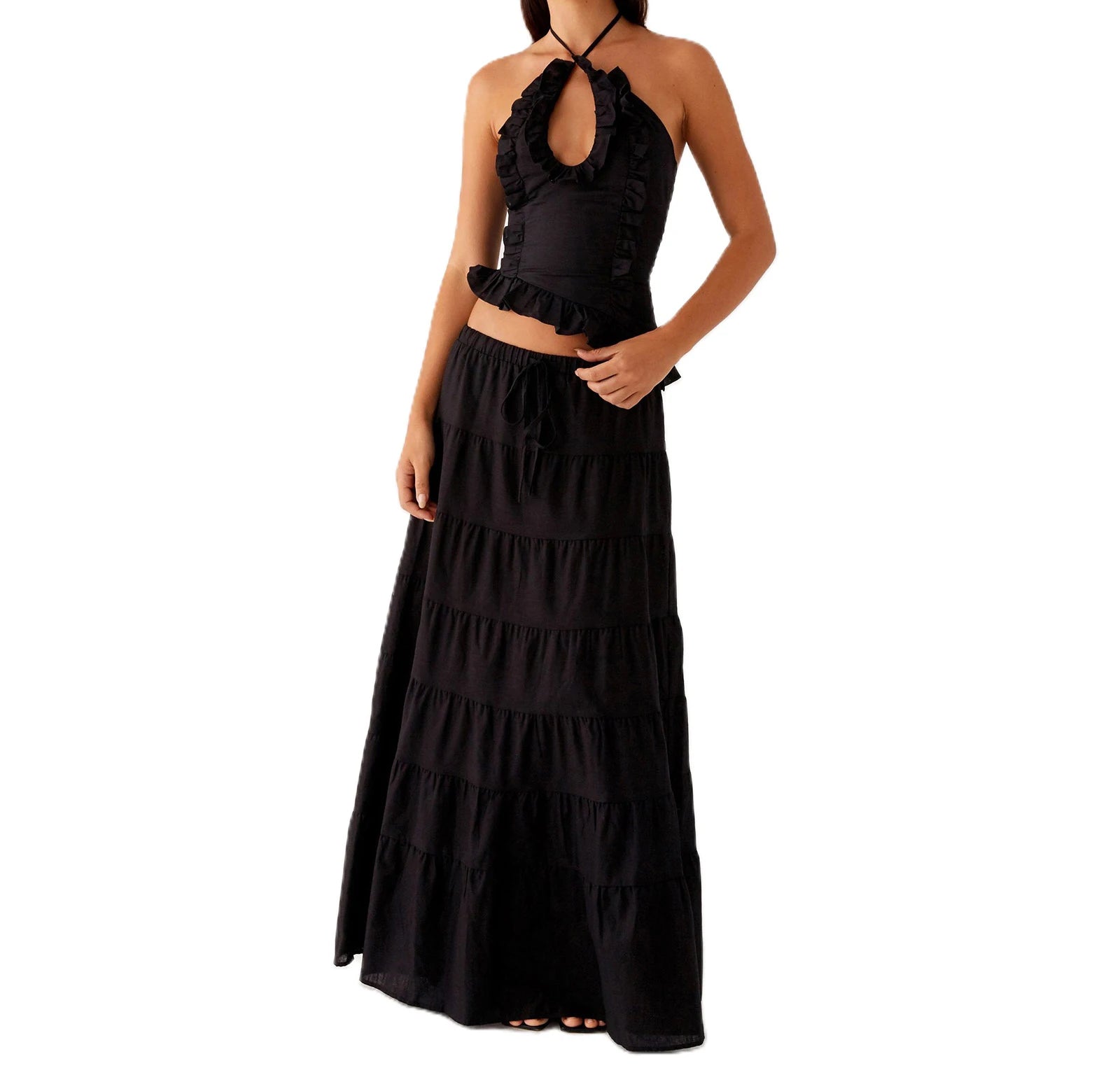 Women Summer Boho 2 Piece Maxi Skirt Sets Y2k Sexy Halter Ruched Cami Tops Tiered Flowy Ruffle Skirts Holiday Beach Outfits