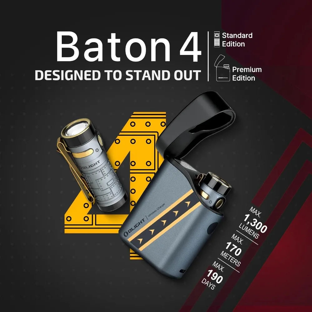 Baton4 Premium Edition EDC Flashlight 1300 Lumens with Type-C Charging Case, Powered by Rechargeable Battery, Small