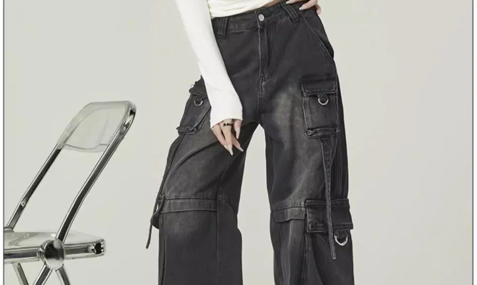 Black Gray Multi Pocket Cargo Jeans Women's Y2K Gothic Baggy Harajuku Oversize Denim Trousers Washed Straight Leg Wide Leg Pants