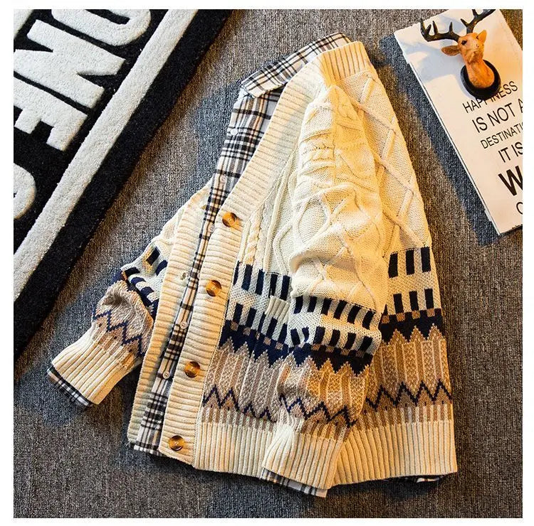 2023 New Autumn and Winter Retro Patchwork Diamond V-neck Color Matching Loose and Handsome Casual Knitted Cardigan for Men