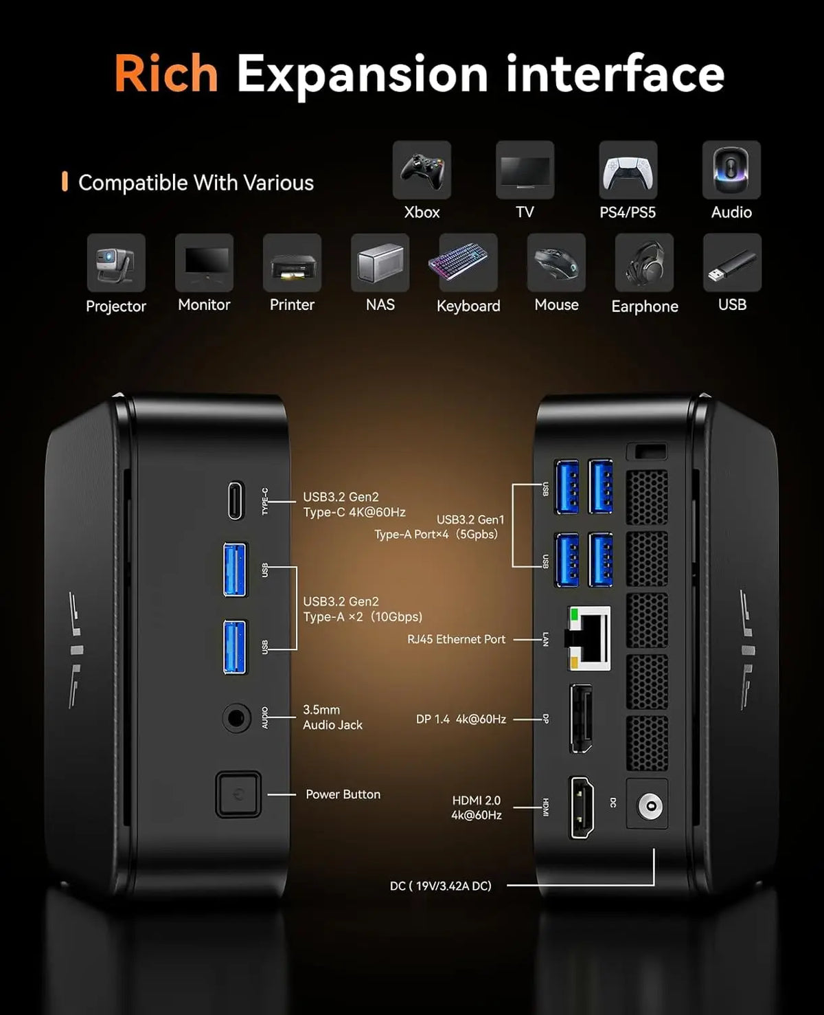 KAMRUI Mini Gaming PC AMD Ryzen7 7735HS 24GB LPDDR5 512GB/1TB M.2 SSD Micro Desktop Computers Max 4.75GHz WiFi 6 BT5.2 4K PC