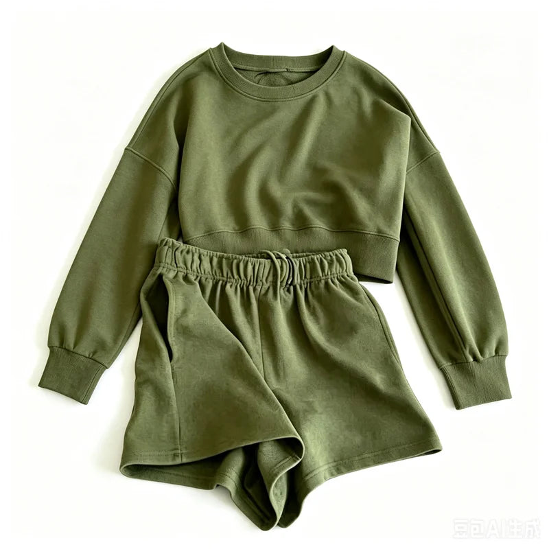 spring summer Womens suit Round neck long sleeve Sweatshirt Two Piece Set Casual Sweatshirt+shorts suit Daily Womens Tracksuit