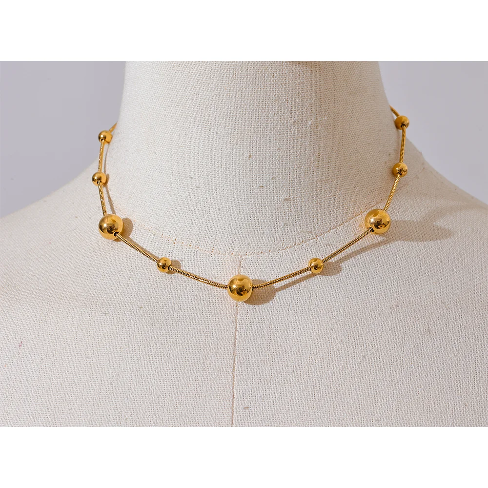 Yhpup High Quality Stainless Steel Round Beads Chain Statement Necklace for Women 18K PVD Plated Stylish Jewelry Rust Proof
