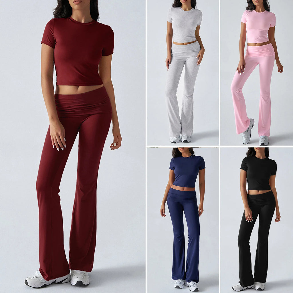 Women's Sexy Tops Suits 2026 Summer Latest Casual Solid Color Yoga Suit Slim Fit Sports Short Sleeved Pants Two-Piece Set Outfit