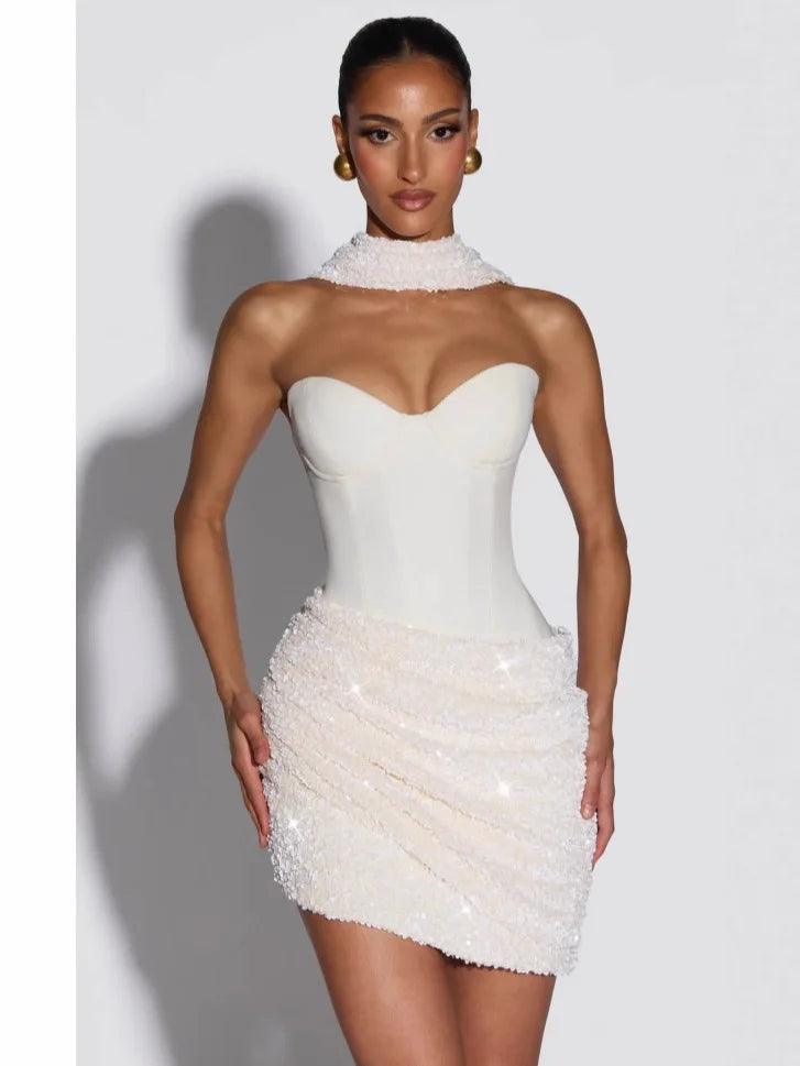 Temperament Beveled Edge with Scarf Splicing Tube Top Spice Girl Dress