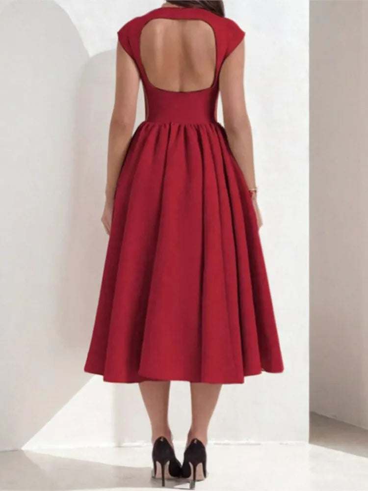Summer French Fashionable Women's Temperament Solid Color High Waist Sleeveless Back Hollow Dress for Slimming