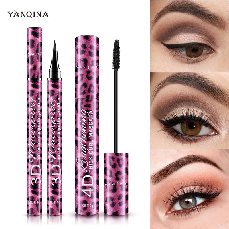 2Pcs 4D Mascara + Liquid Eyeliner Set, Waterproof Sweat-Proof Smudge-Proof, Lengthening Thickening Curling Long Lasting Eye Make