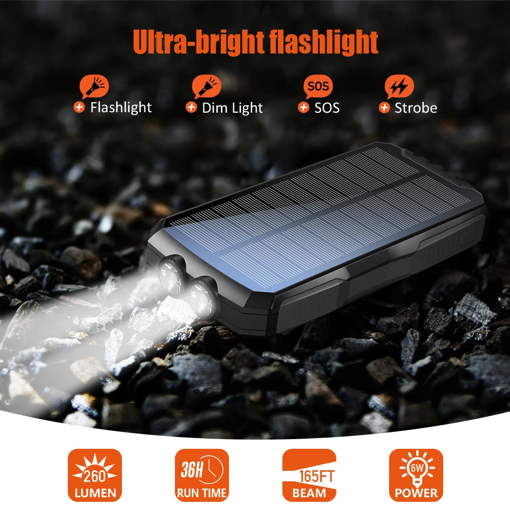 30000mAh Solar Power Bank with Wireless Charger, Dual USB Outputs, Bright LED Flashlight, Waterproof