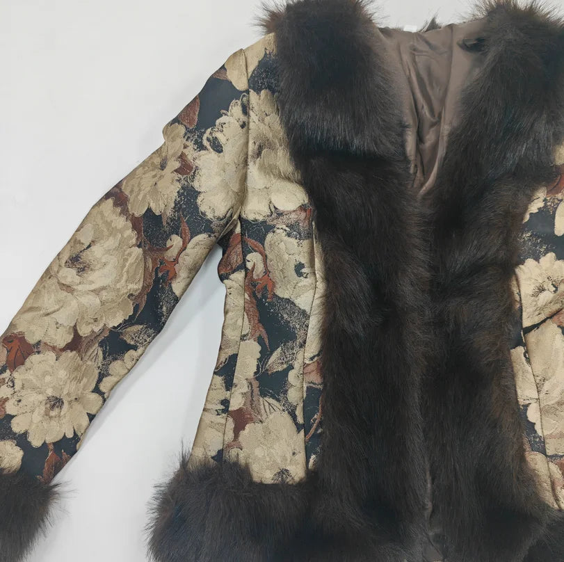 Floral Jacquard Faux Fur Trim Jacket V Neck Single Button Long Furry Cuff Cropped Coats 2026 Vintage Winter New Warm Party Coat