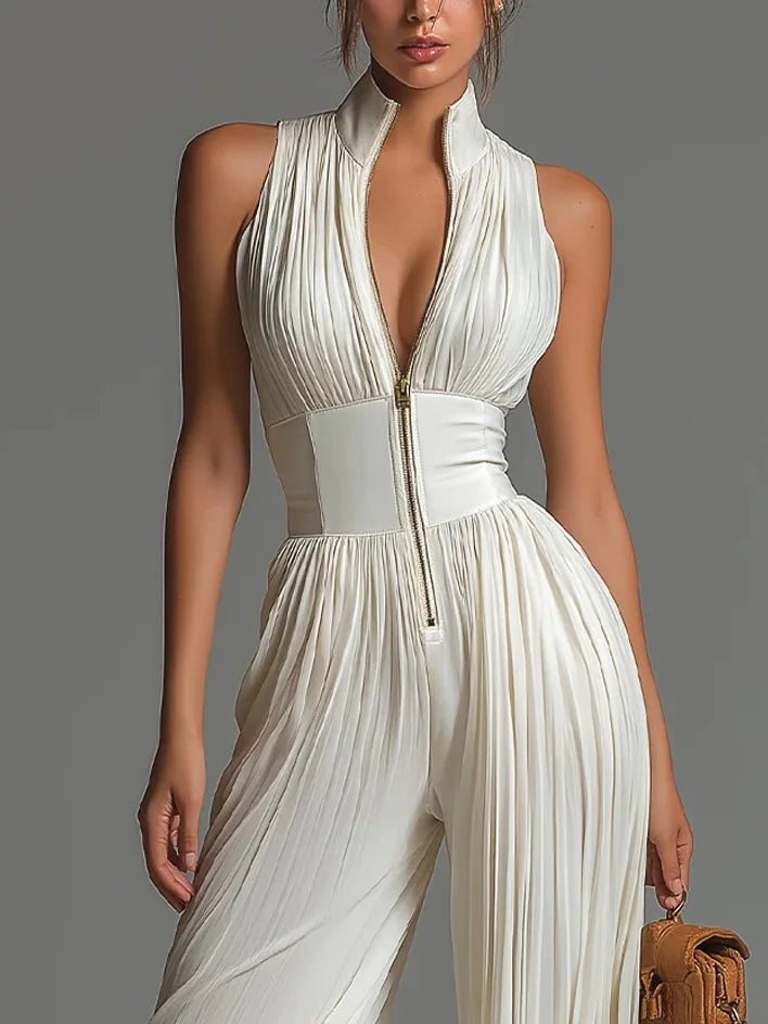 White Pleated Neck Women's Jumpsuit Long Wide Leg Fashionable Sexy Pleated