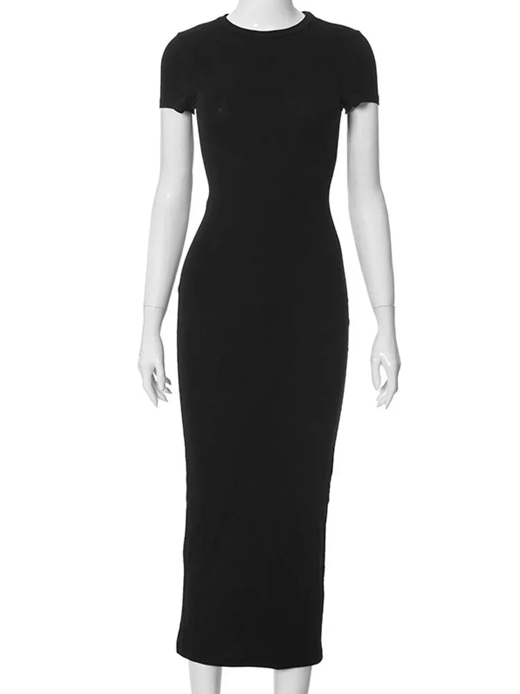 2026 Summer New Chic Slim Chic Short Sleeve Dress for Women O Neck Long Dresses Office Lady Casual Solid Color Dresses Robe