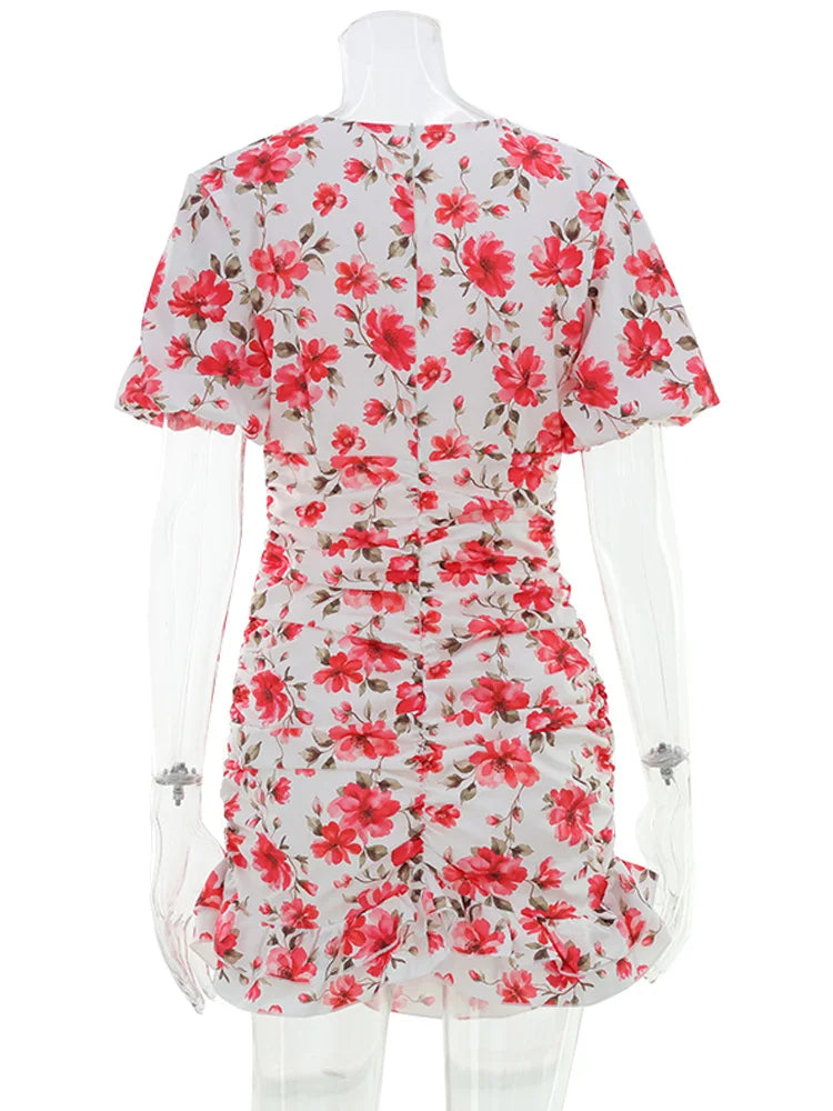 Ahagaga Summer Floral Print Mini Dresses Women Sexy V Neck Puff Sleeve Hip Wrap Slim Sheath Regular Casual Party Club Outfit