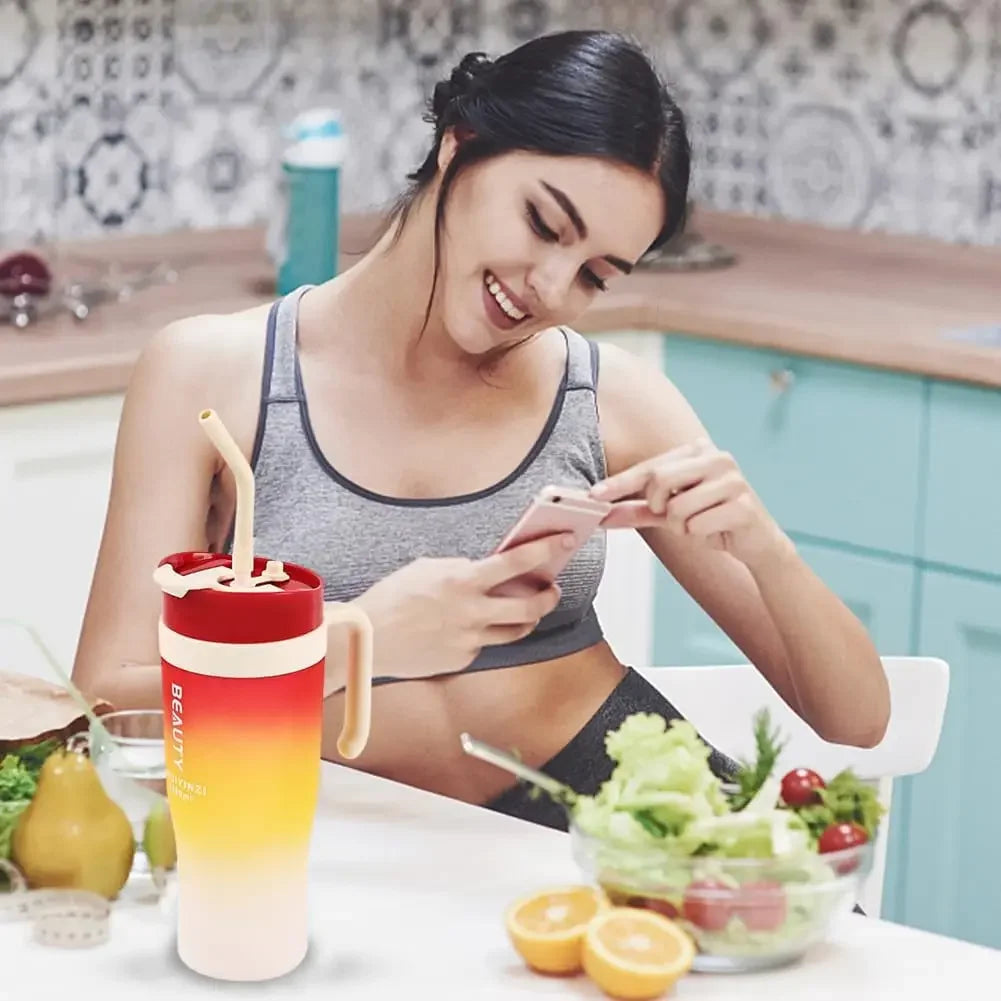 1200ml Large Capacity Gradient Frosted Sports Water Bottle Tumbler for Car Gym Outdoor Travel Reusable BPA Free Cup with Straw