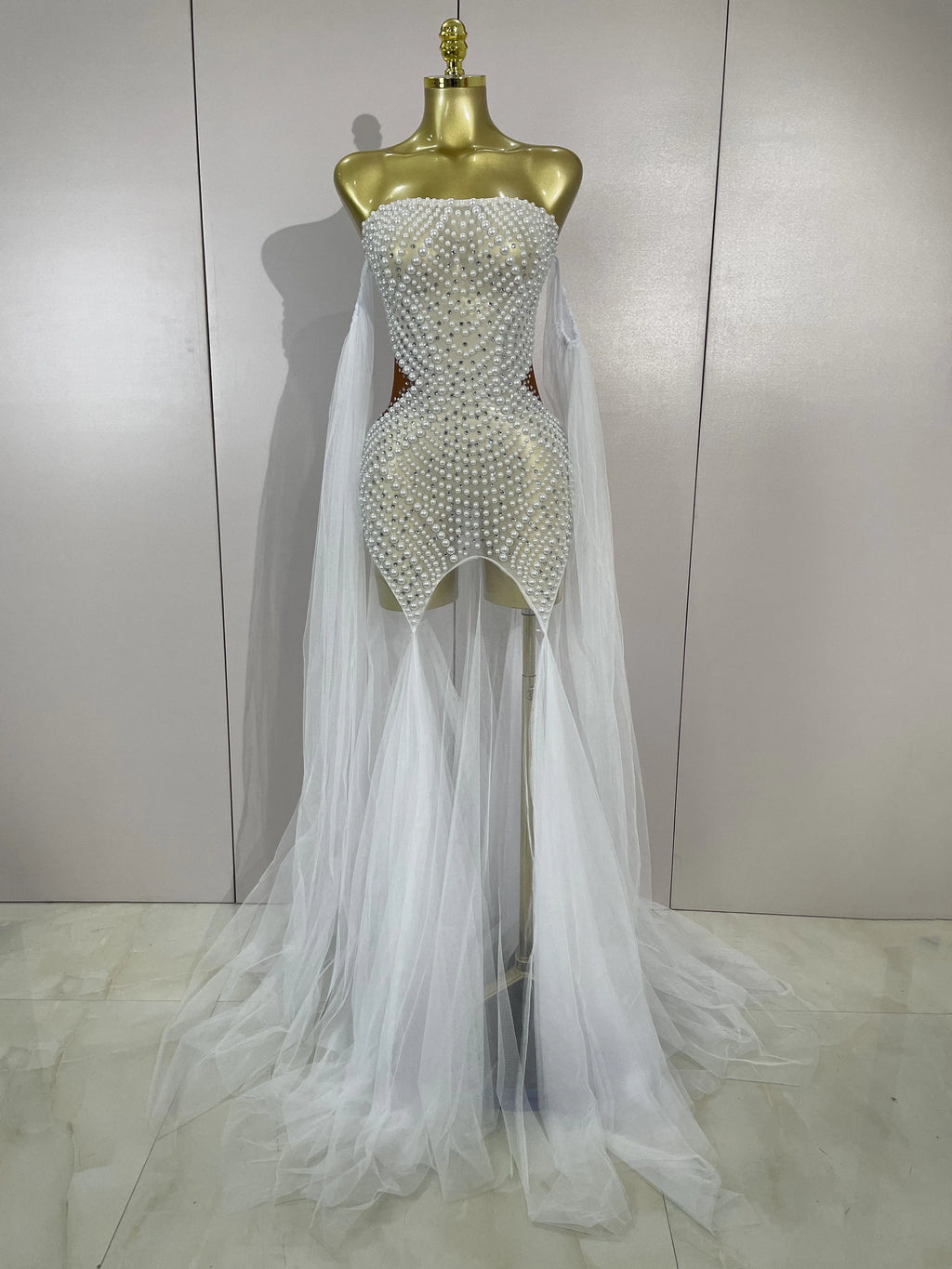 Elegant Sparkly Rhinestone White Pearl Sexy Strapless Mesh Long Dress Wedding Guest Gowns Luxury Birthday Evening Party Dress