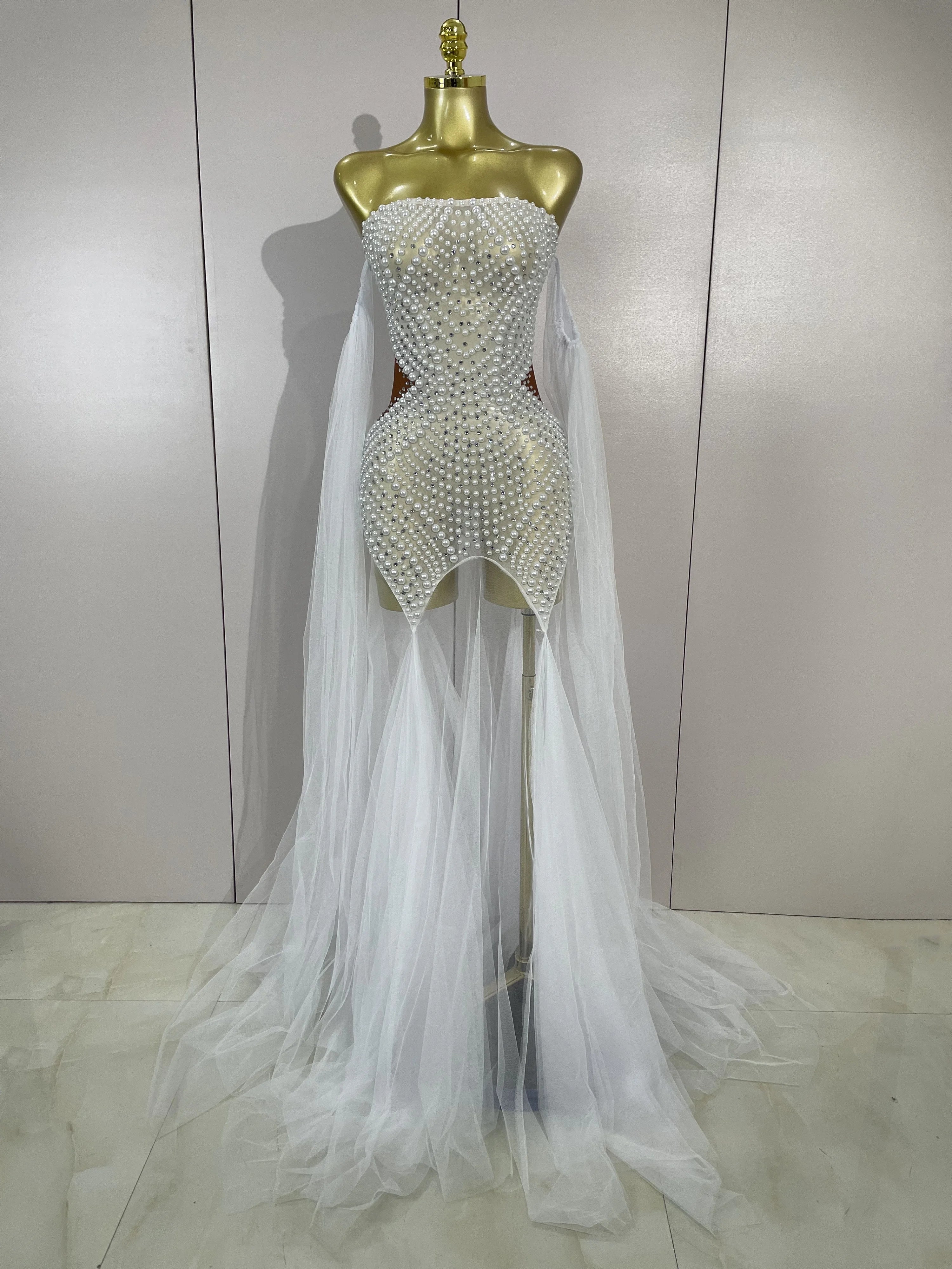 Elegant Sparkly Rhinestone White Pearl Sexy Strapless Mesh Long Dress Wedding Guest Gowns Luxury Birthday Evening Party Dress