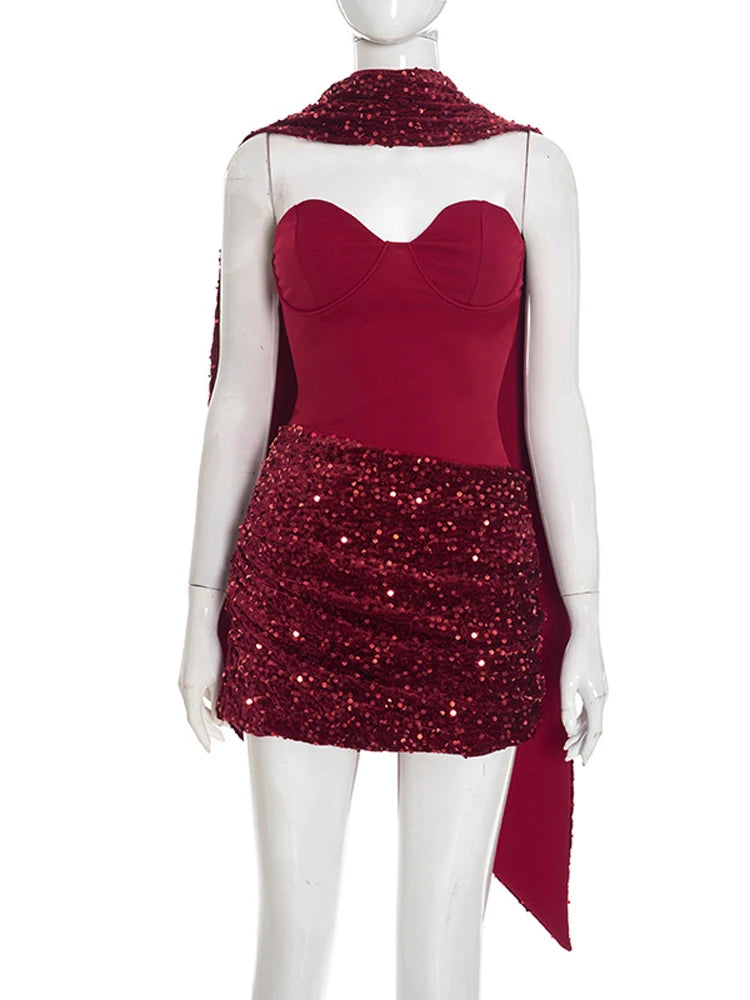 Sexy Sequin Patchwork Scarf Collar Dress Women Fashion Strapless Backless Bodycon Mini Dresses 2026 Lady Party Evening Gown