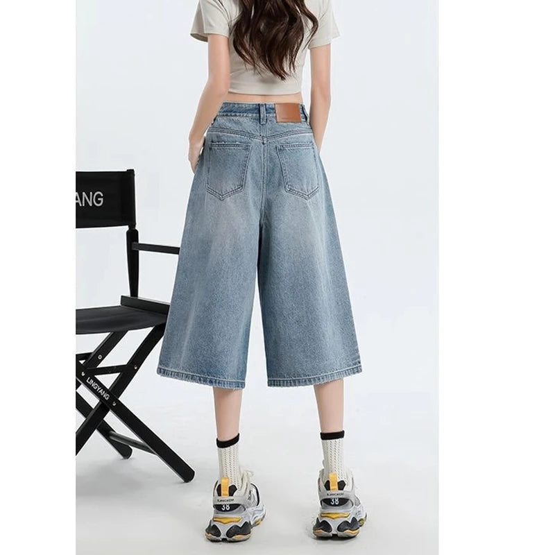 Women's Retro Casual Jeans  Summer New Wide-Leg Pants  High-Waisted Plus-Size Pear-Shaped Body-Camouflaging Straight Leg Pants